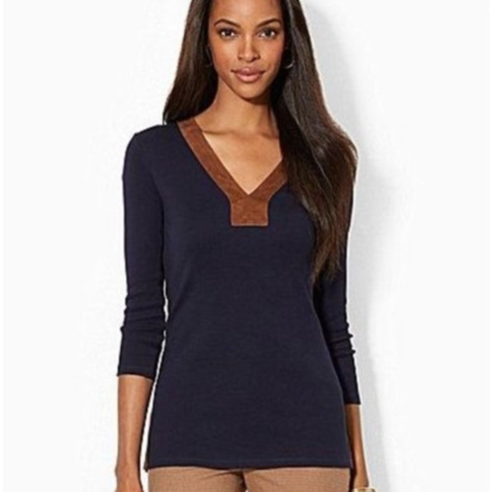 Lauren Ralph Lauren Suede Collar 3/4 Sleeve Shirt, Medium, Like New